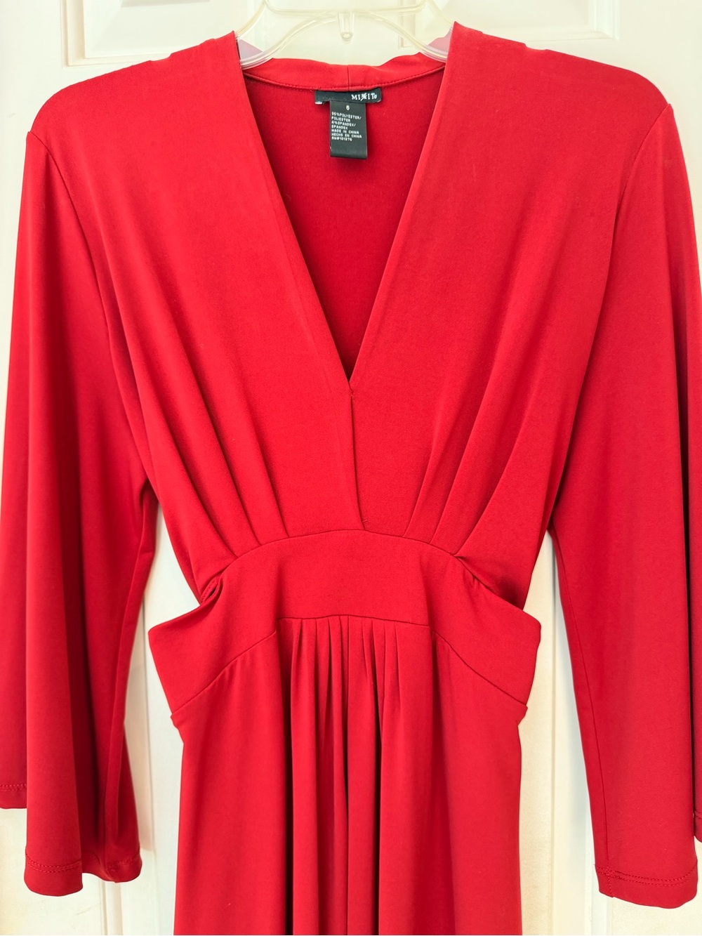 Mixit Red V-Neck Midi Flared Soft Knit Dress with Wrap Tie Belt, Sz 6 - Picture 2 of 14